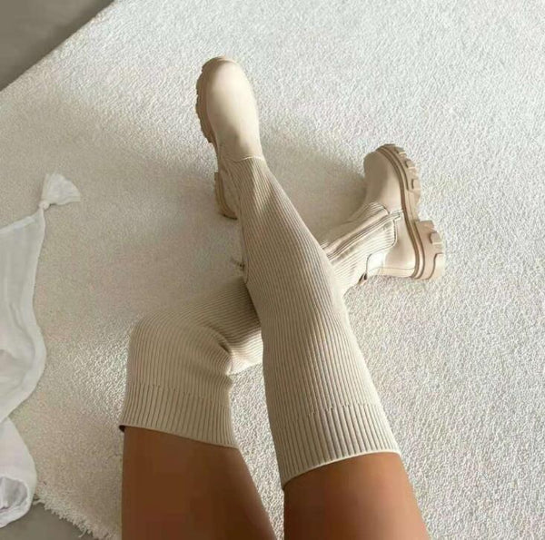 Anna's Damen Overknee-Stiefel | Gestrickte Damen Stiefel: Plateau-Design, lange Sockenschuhe