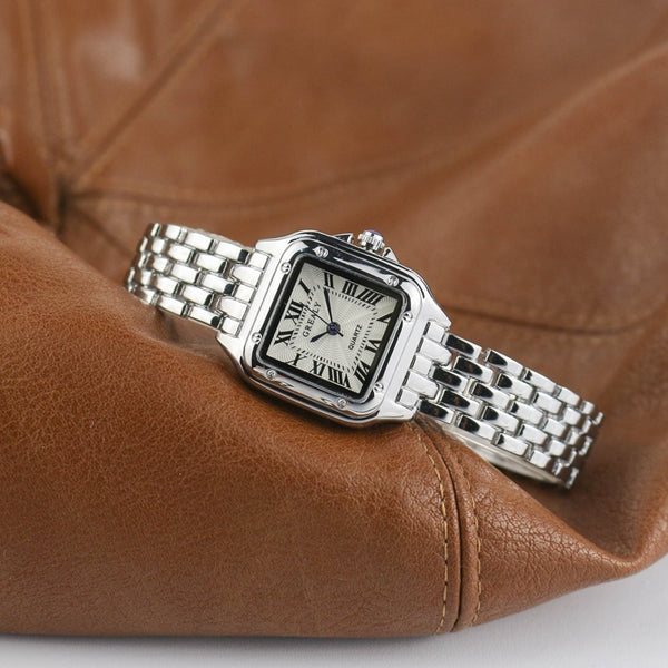 Klara's Klassischer Luxus: Luxus Fashion Damenuhr Quadrat Marke Damen Quarzuhr Silber Stahlband