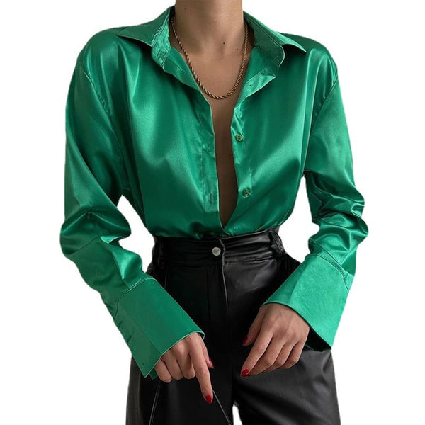 Sophias Satinbluse mit Polokragen | Büro-Damen-Bluse aus Seide | Vintage-Design mit lockerem Knoten | Elegante Mode
