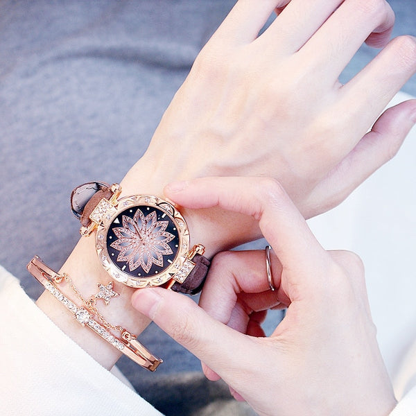 Anna's Alltagsglanz: Damenmode Uhren-Set Starry Sky Armbanduhr und Armbanduhr Casual Leder Sport Quarzuhr