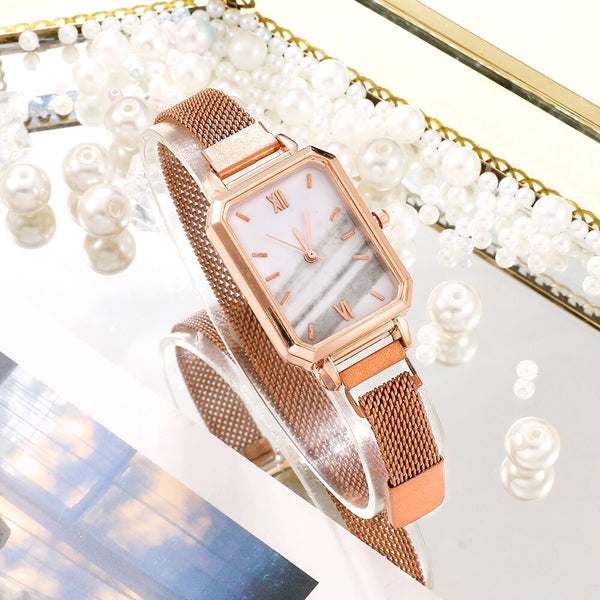 Laura's Lässige Eleganz: Damen Uhren Mode Viereckige Quarzuhr Armband-Set Grünes Zifferblatt Einfach Roségold Mesh Luxus Damen Uhren