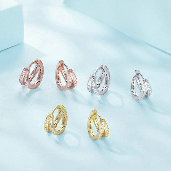 Greta's Glanzvolle Geometrie-Ohrringe | Damen 925 Sterling Silber Ohrringe mit Doppelter Zirkonia-Kristallring | 3 Farben