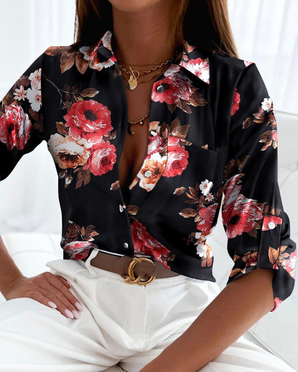 Herbstliche Print Shirts | Modische Bluse mit langen Ärmeln und Knopfleiste