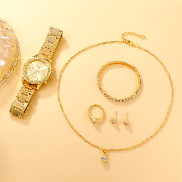 Katharina's Kostbares Komplettset: 6er Set Luxusuhren Damenring Halskette Ohrring Strass Mode Armbanduhr Lässige Damenuhren Armbanduhr Set Uhr