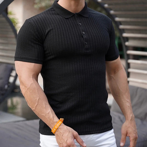 PETER - Herren Slim Fit Einfarbig Geripptes Atmungsaktives Polo-Shirt