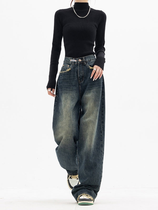 Lena's Lässige Y2K-Jeans | Damen Vintage Streetwear Korean Baggy Blue Jeans