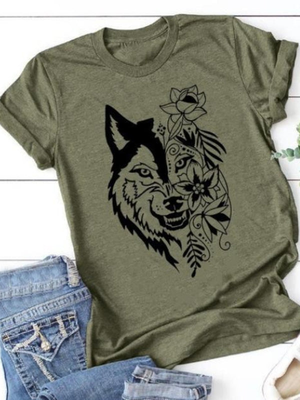 Wolfskopf Damen T-Shirt | Blumenmuster & Sommer Tee Shirt